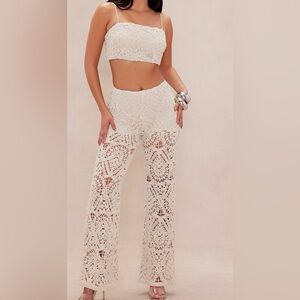 Cream Crochet Wide Leg Pant Set